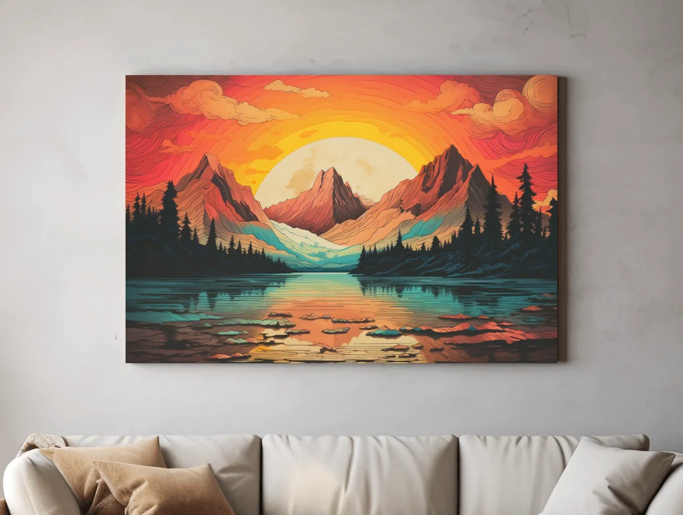 Vibrant Retro Alpine Lake Sunset - Stylized Mountain Wall Art