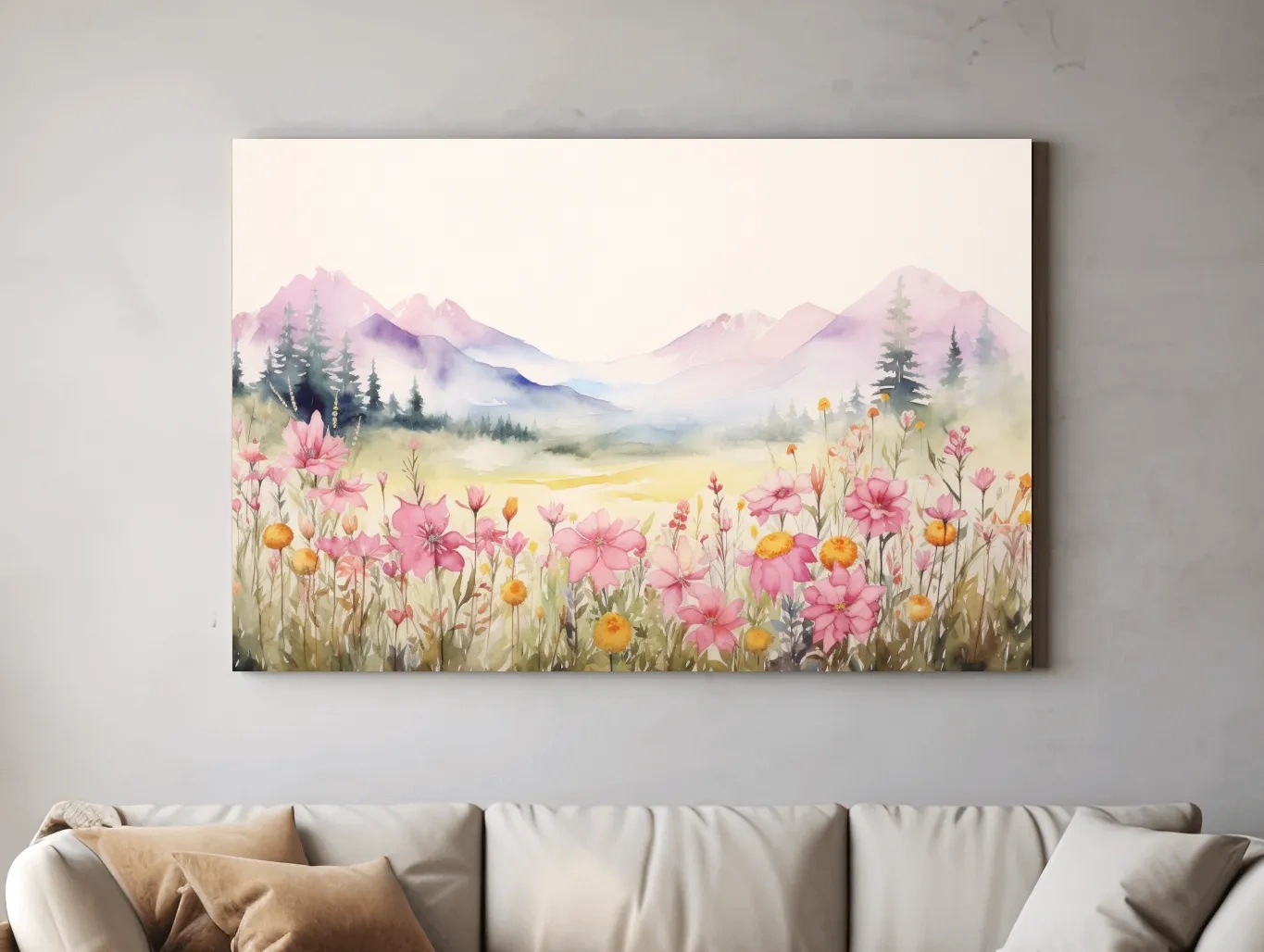 Pastel Wildflower Meadow Mountains Watercolor - Serene Alpine Wall Art