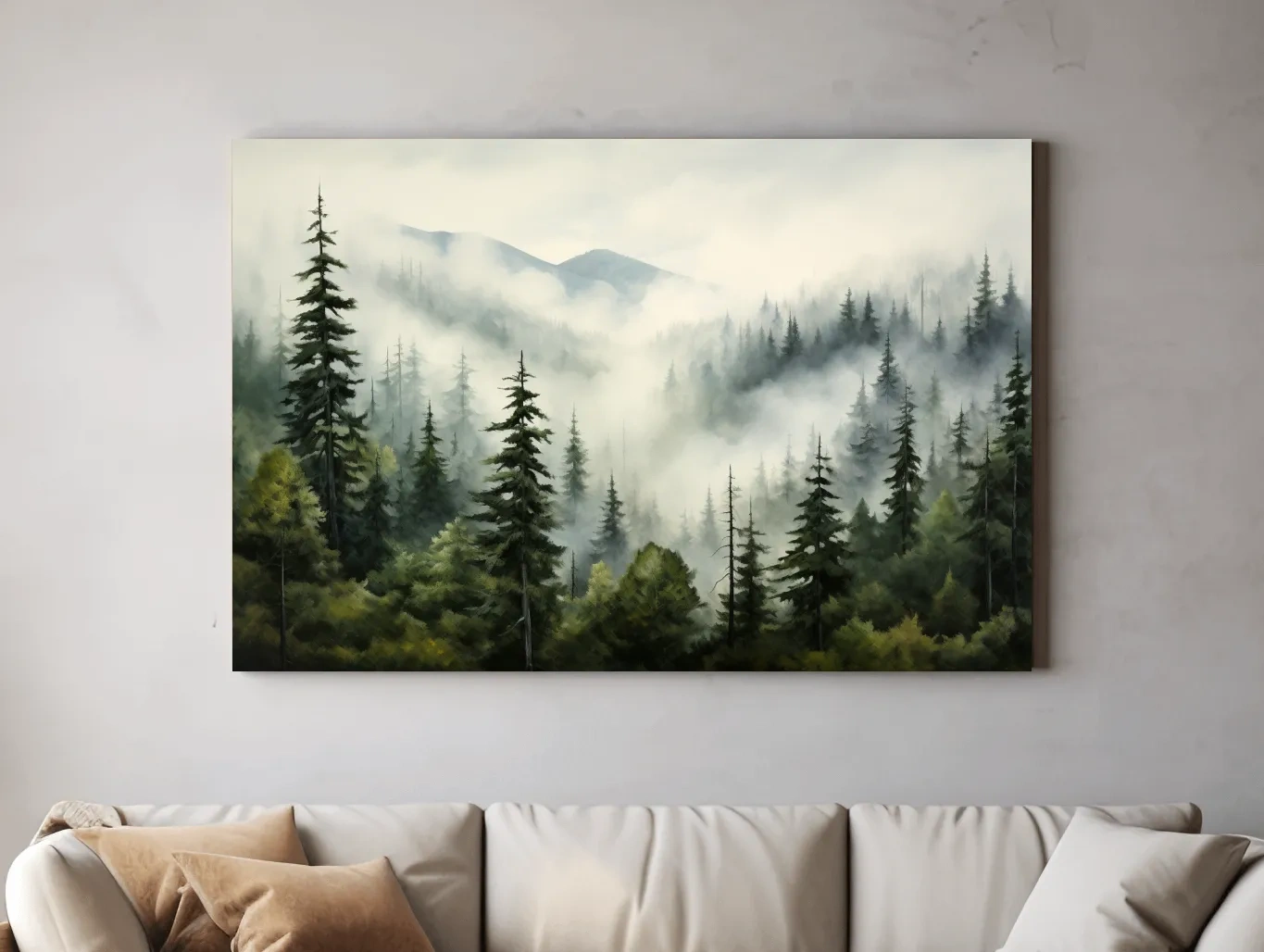 Foggy Alpine Mountain Forest Painting - Moody Watercolor Landscape Wall Art