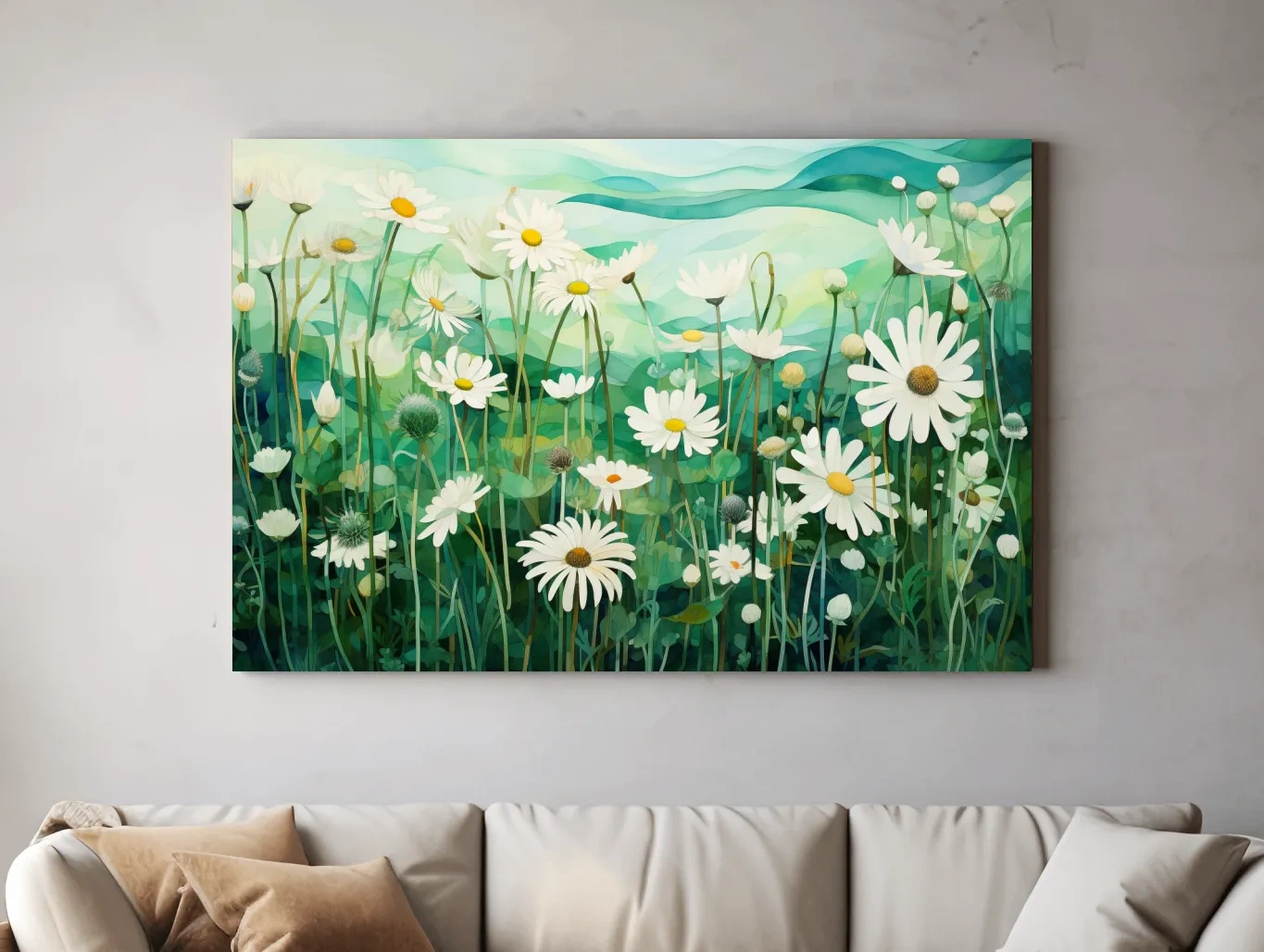 Whimsical Wild Daisy Meadow Landscape - Botanical Watercolor Style Wall Art