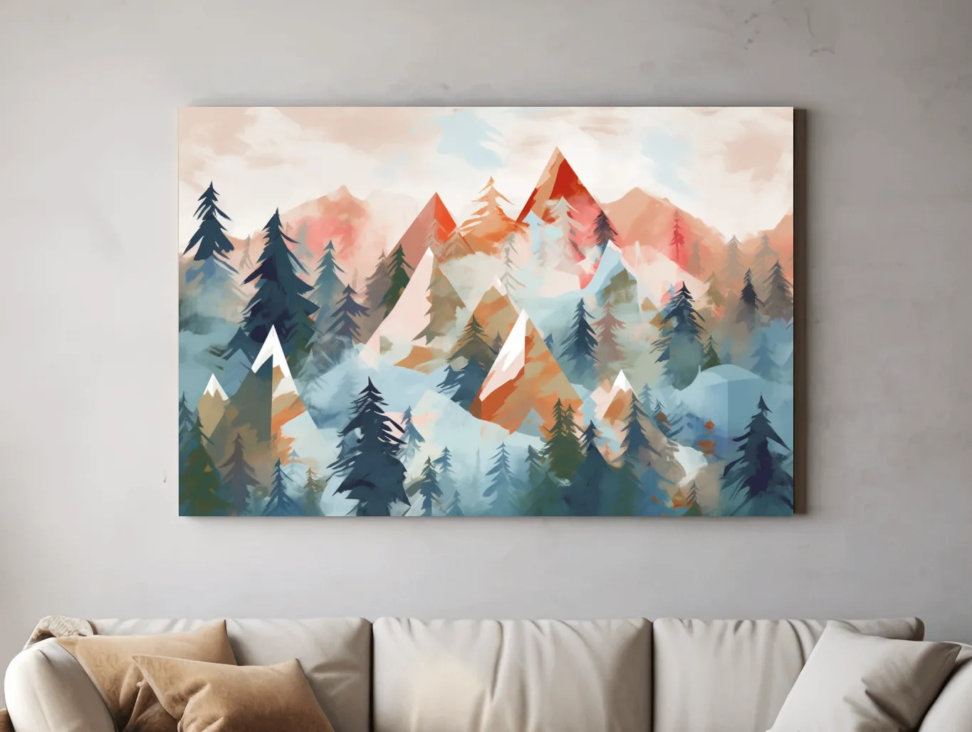 Abstract Watercolor Alpine Mountains And Pine Forest - Modern Geometric Landscape Wall Art