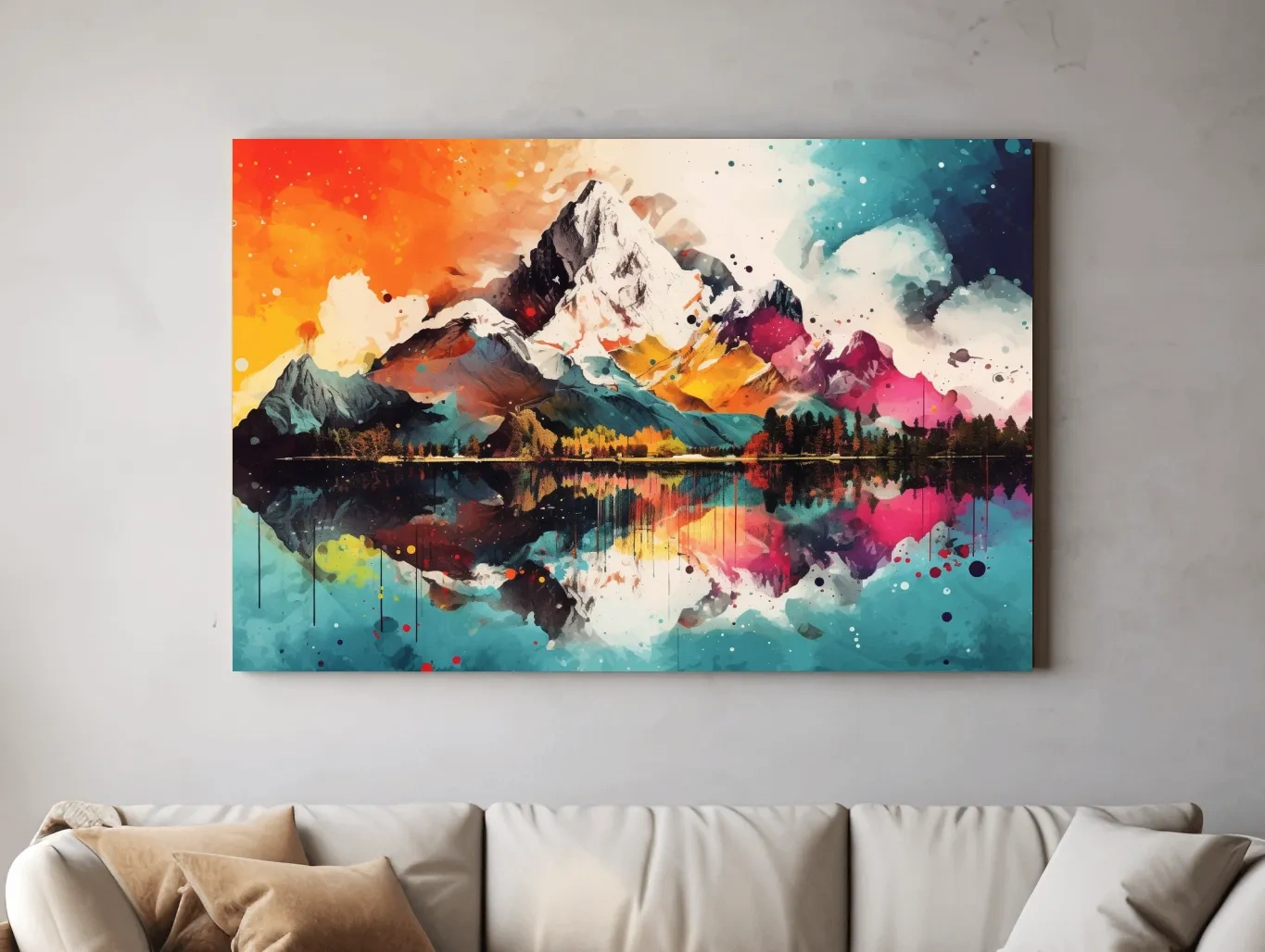 Vibrant Abstract Mountain Lake Collage Artwork - Colorful Watercolor Splash Wall Art