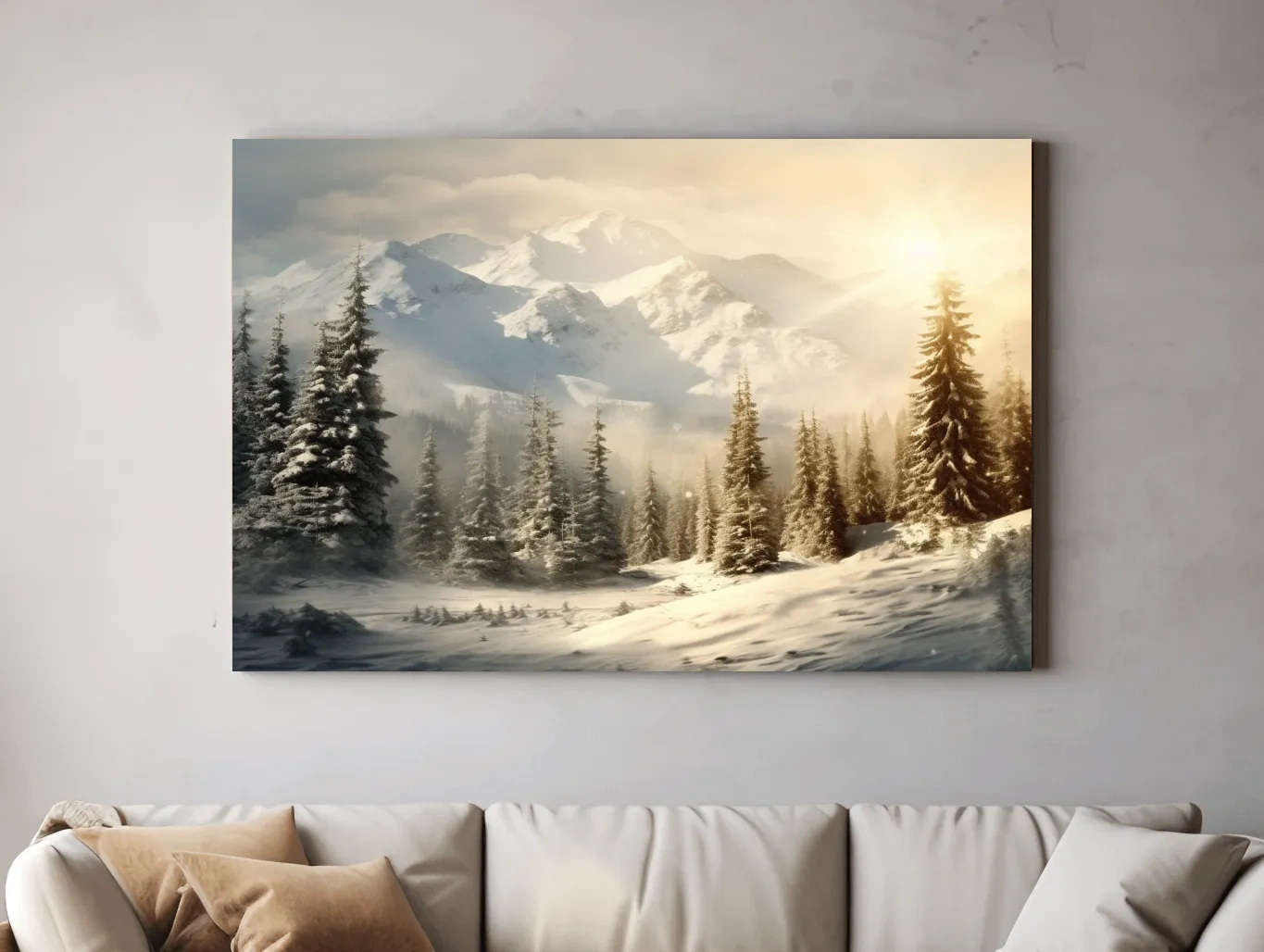 Golden Sunrise Snowy Mountain Landscape - Serene Winter Pine Forest Wall Art
