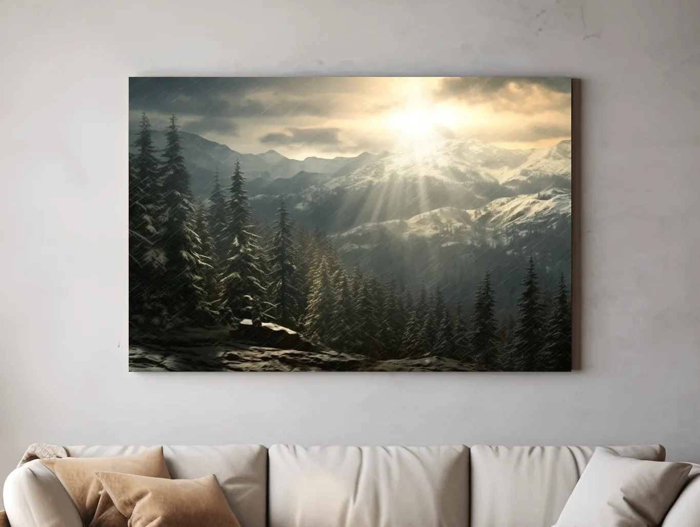 Mountain Snowstorm Sunrise Over Pine Forest - Dramatic Winter Landscape Artwork