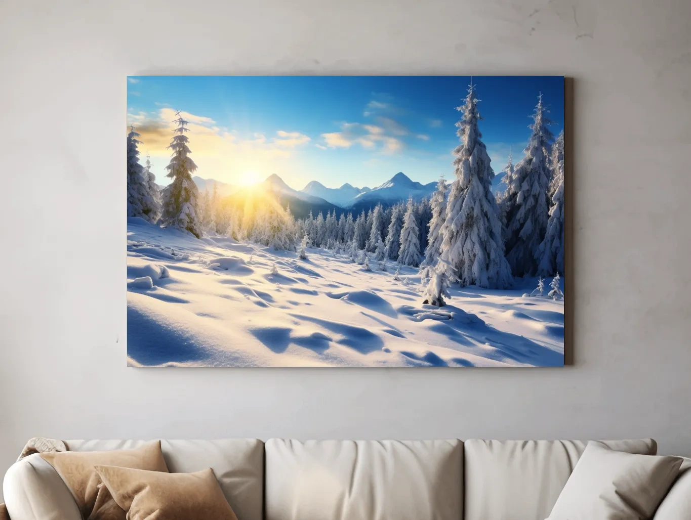 Snowy Sunrise Alpine Forest Landscape - Serene Photographic Nature Wall Art