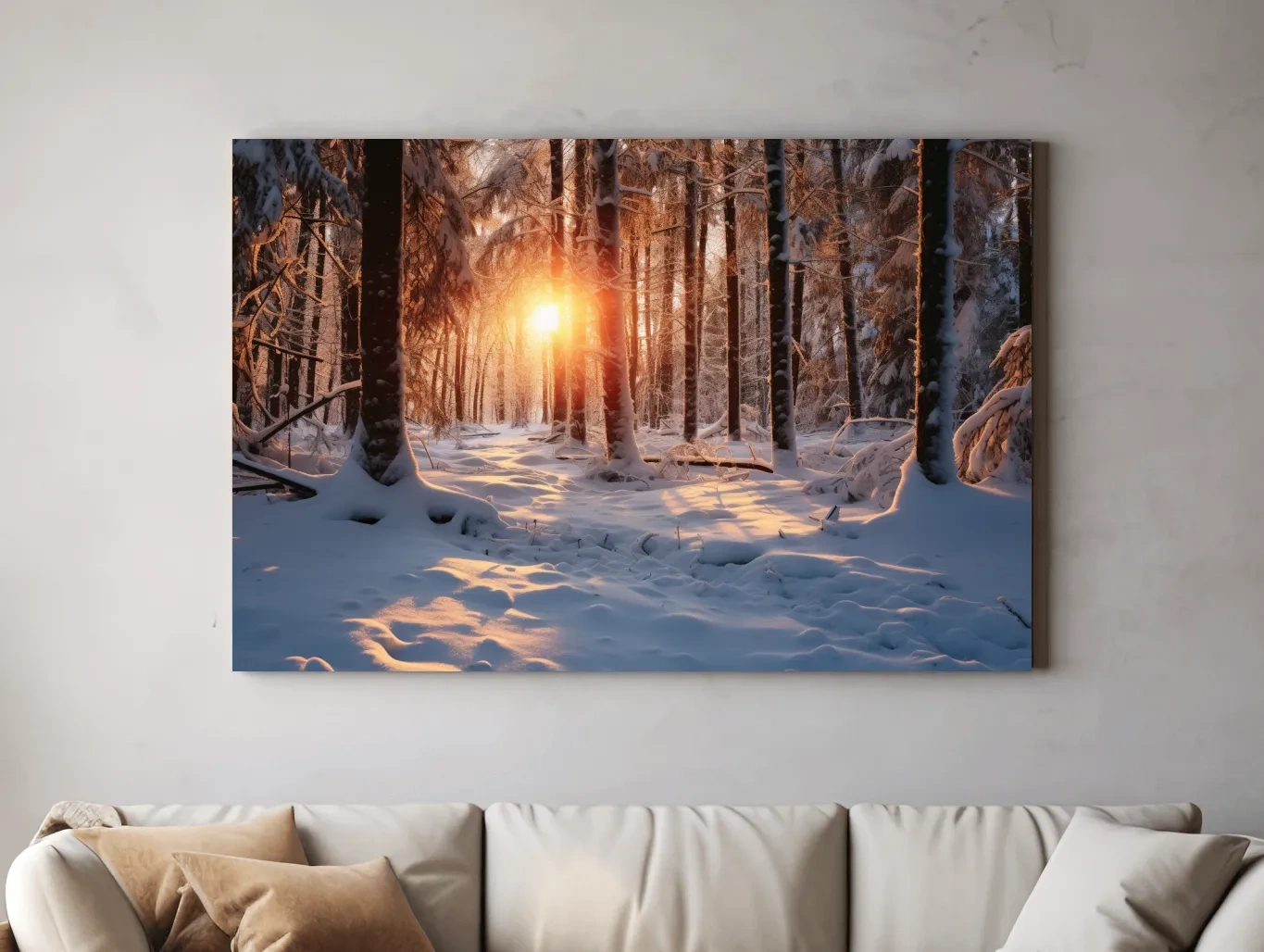 Golden Winter Sunrise Snowy Forest - Serene Nature Landscape Wall Art