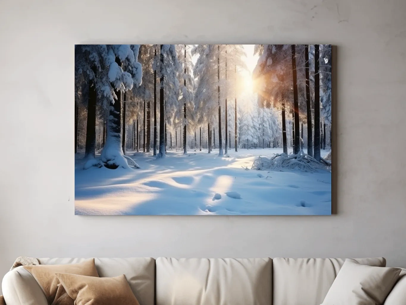 Sunlit Snowy Pine Forest Landscape - Serene Winter Nature Wall Art