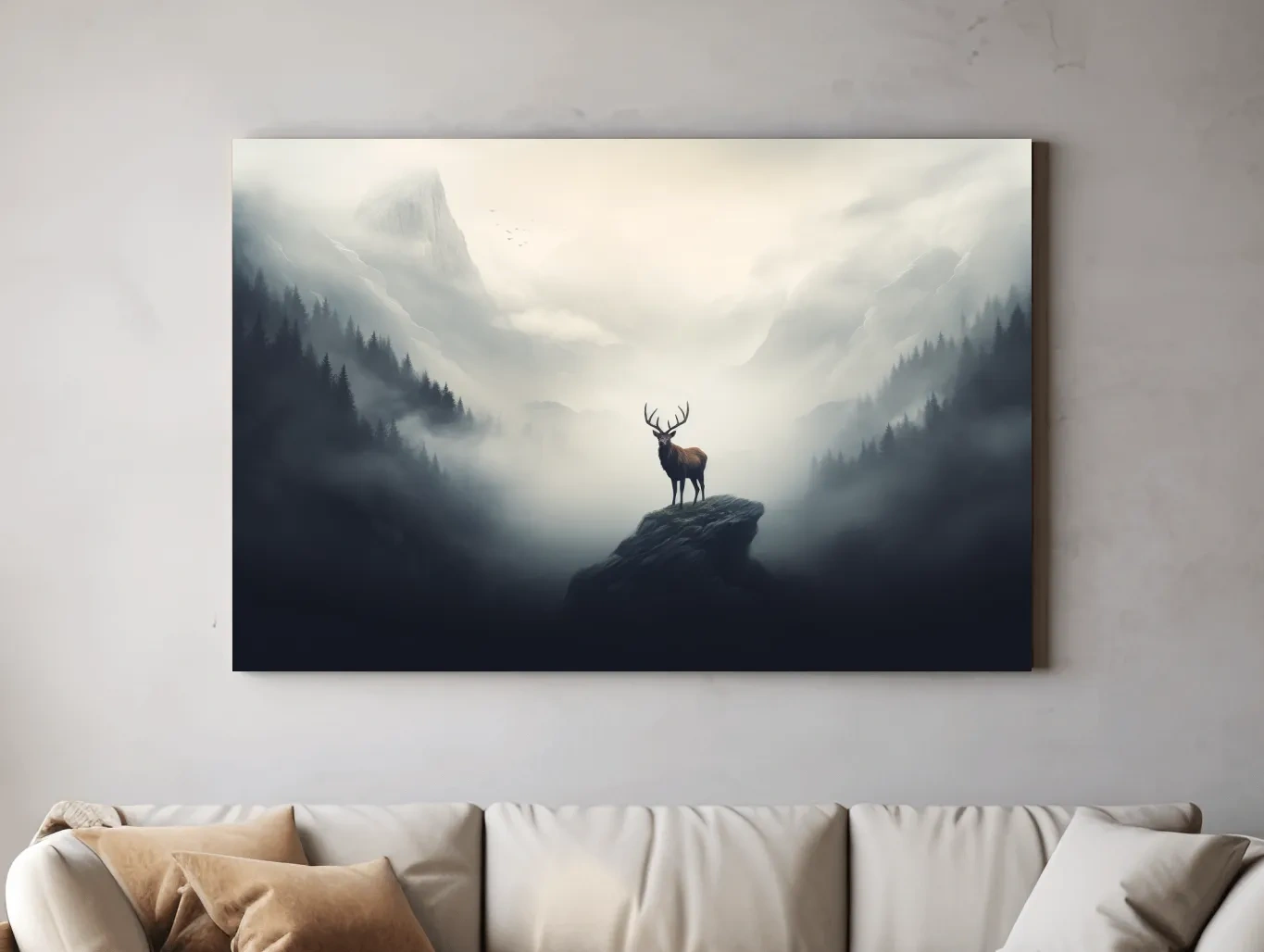 Majestic Stag On Rocky Peak - Misty Mountain Forest Wall Art