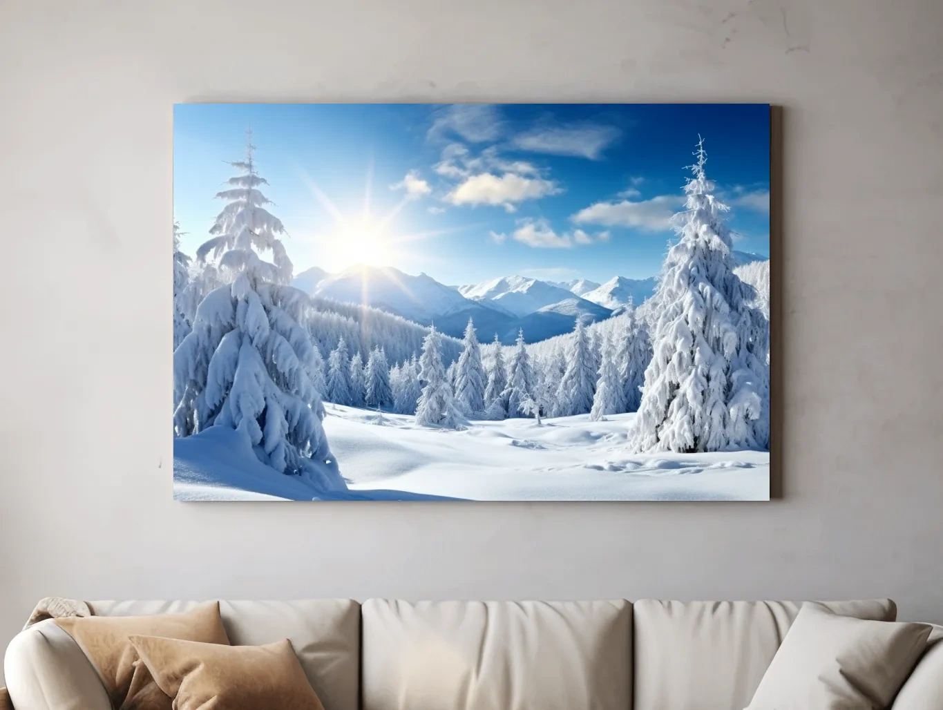 Sunlit Snowy Mountain Winter Landscape - Photographic Alpine Forest Wall Art