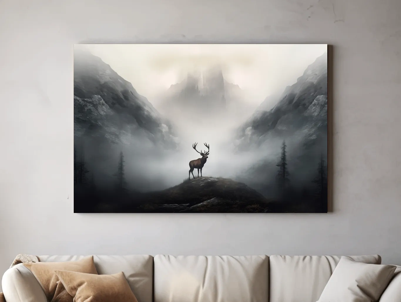 Painting of a majestic deer standing in the fog