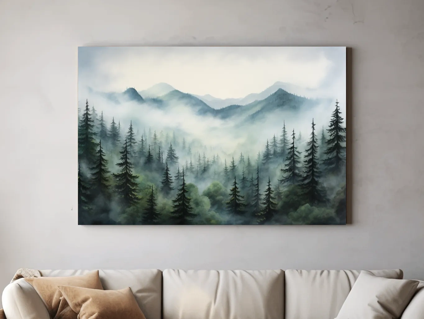 Misty Alpine Forest Painting - Foggy Mountain Landscape Art
