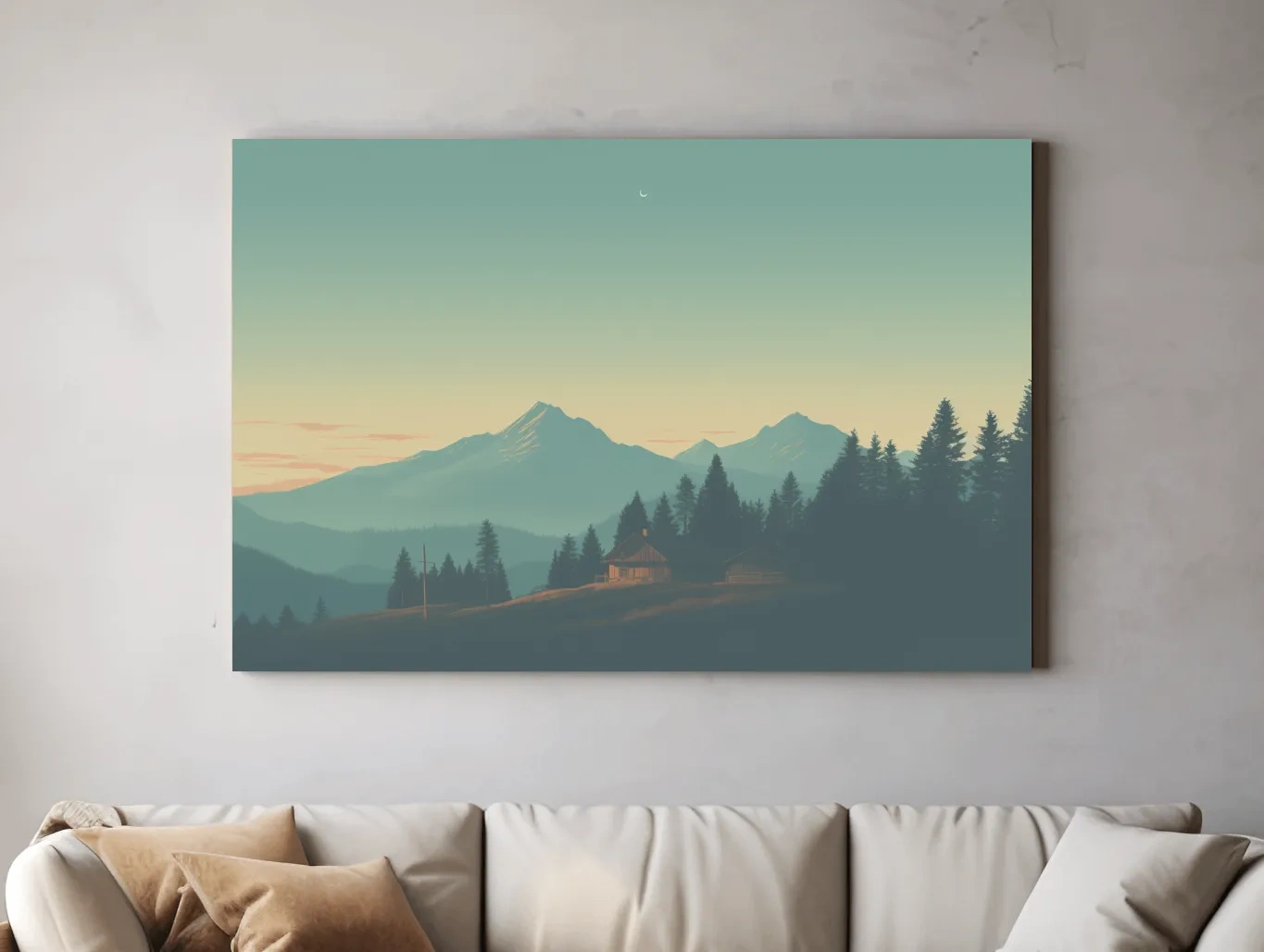 Hazy Alpine Cabin Mountain Sunset - Serene Vintage Landscape Wall Art
