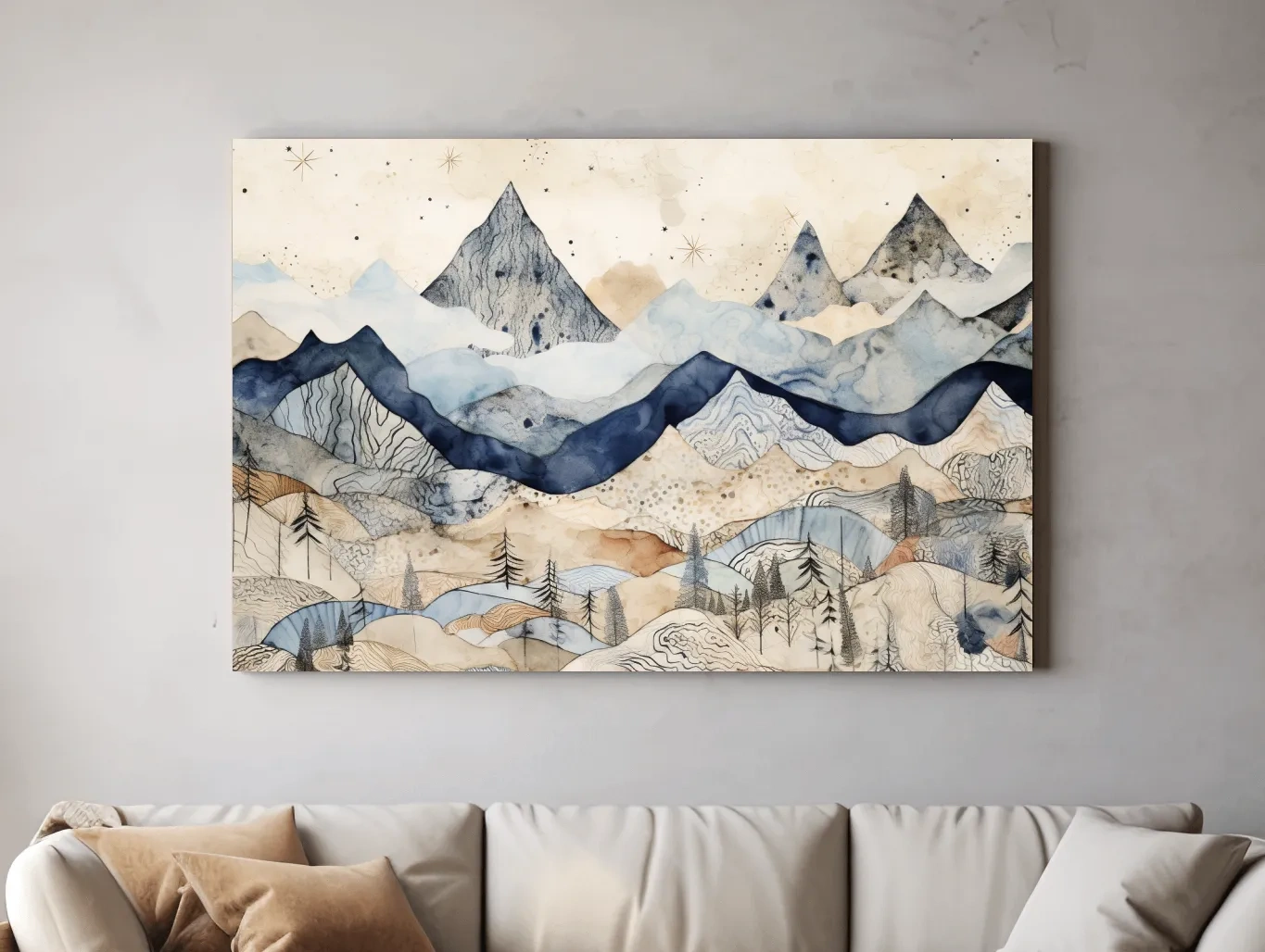 Patchwork Watercolor Mountain Range - Modern Alpine Landscape Wall Art