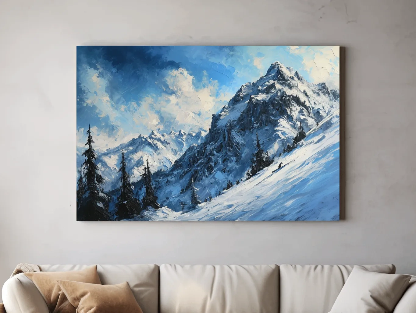 Alpine Snowy Peak Oil Painting - Moody Mountain Landscape Wall Art