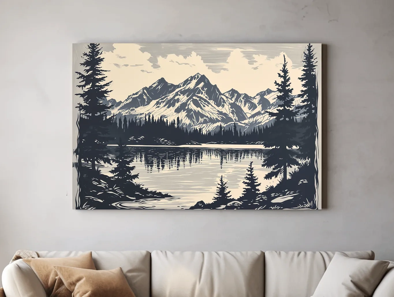 Vintage Alpine Lake Mountain Illustration - Monochrome Linocut Style Artwork