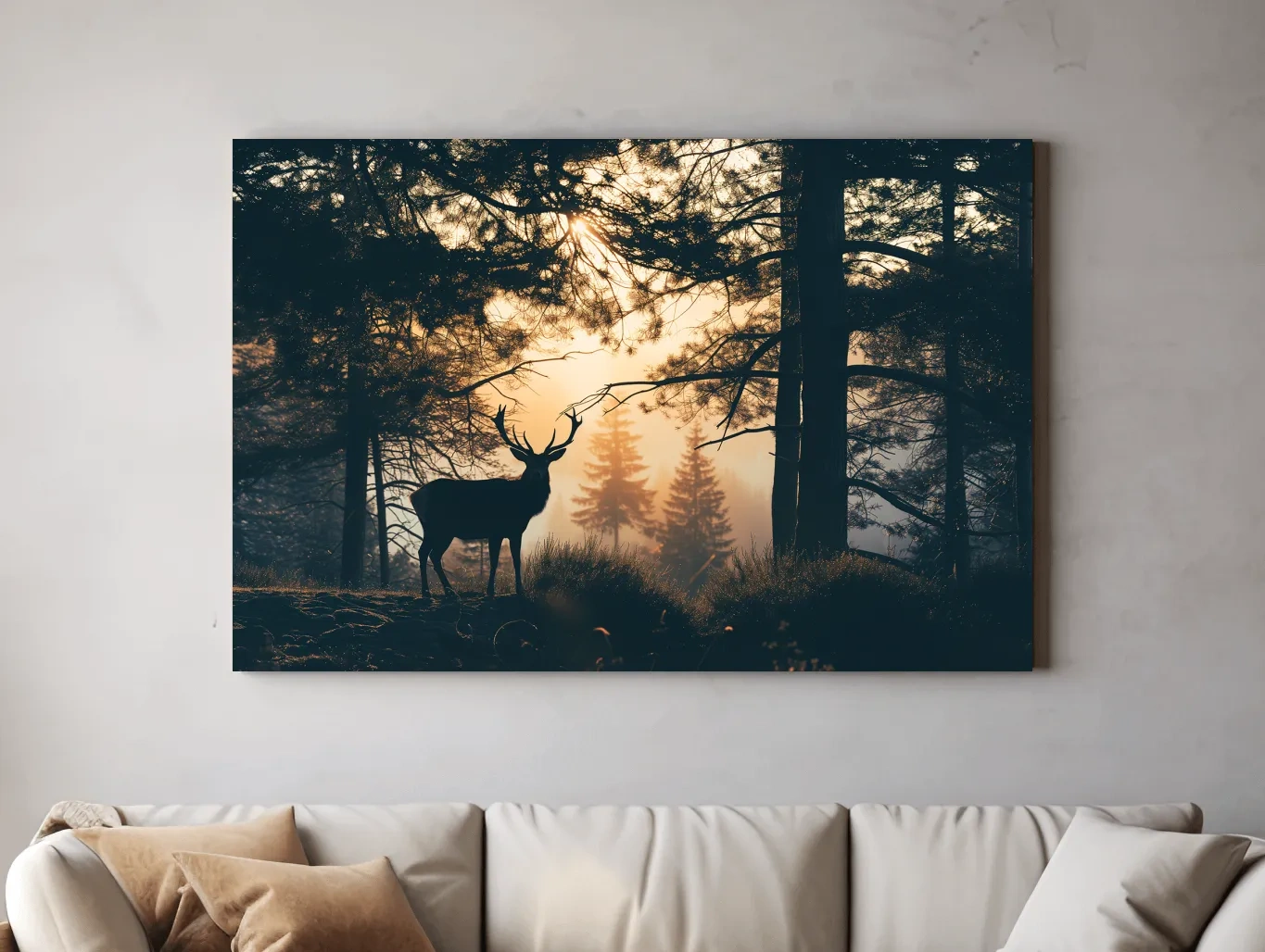 Moody Deer Silhouette In Misty Pine Forest - Golden Sunrise Wildlife Wall Art