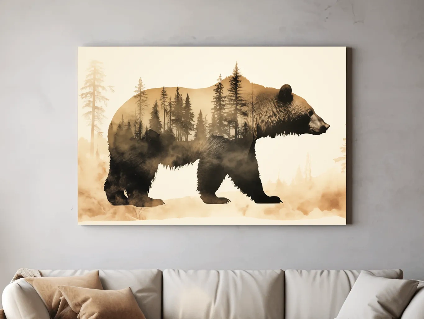 Double Exposure Grizzly Bear Forest Silhouette - Misty Wilderness Nature Artwork
