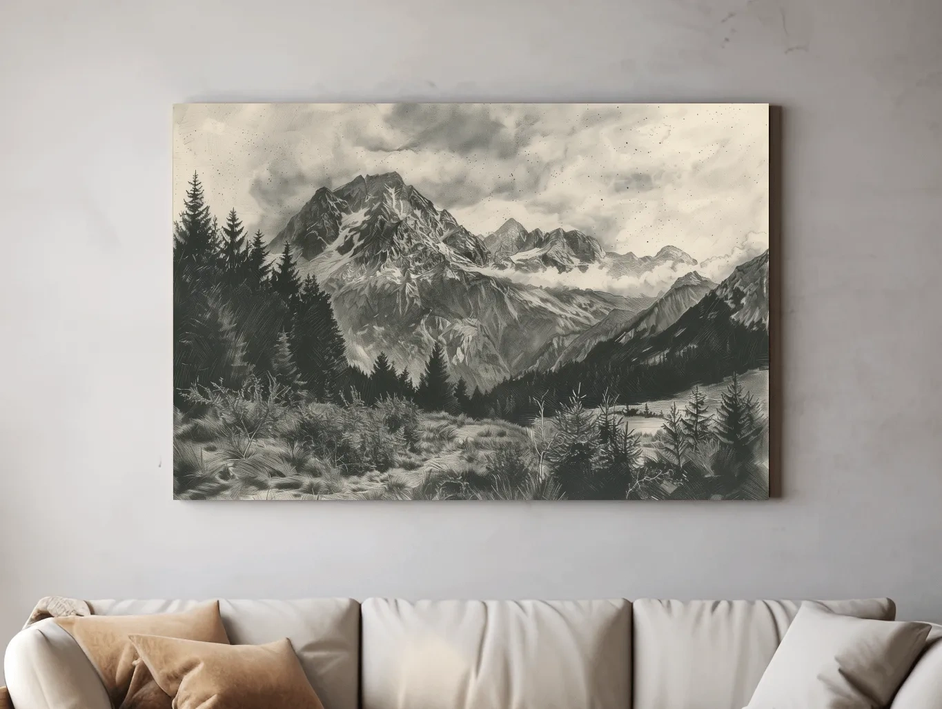 Monochrome Alpine Meadows Mountain Range - Vintage Sketch Landscape Wall Art