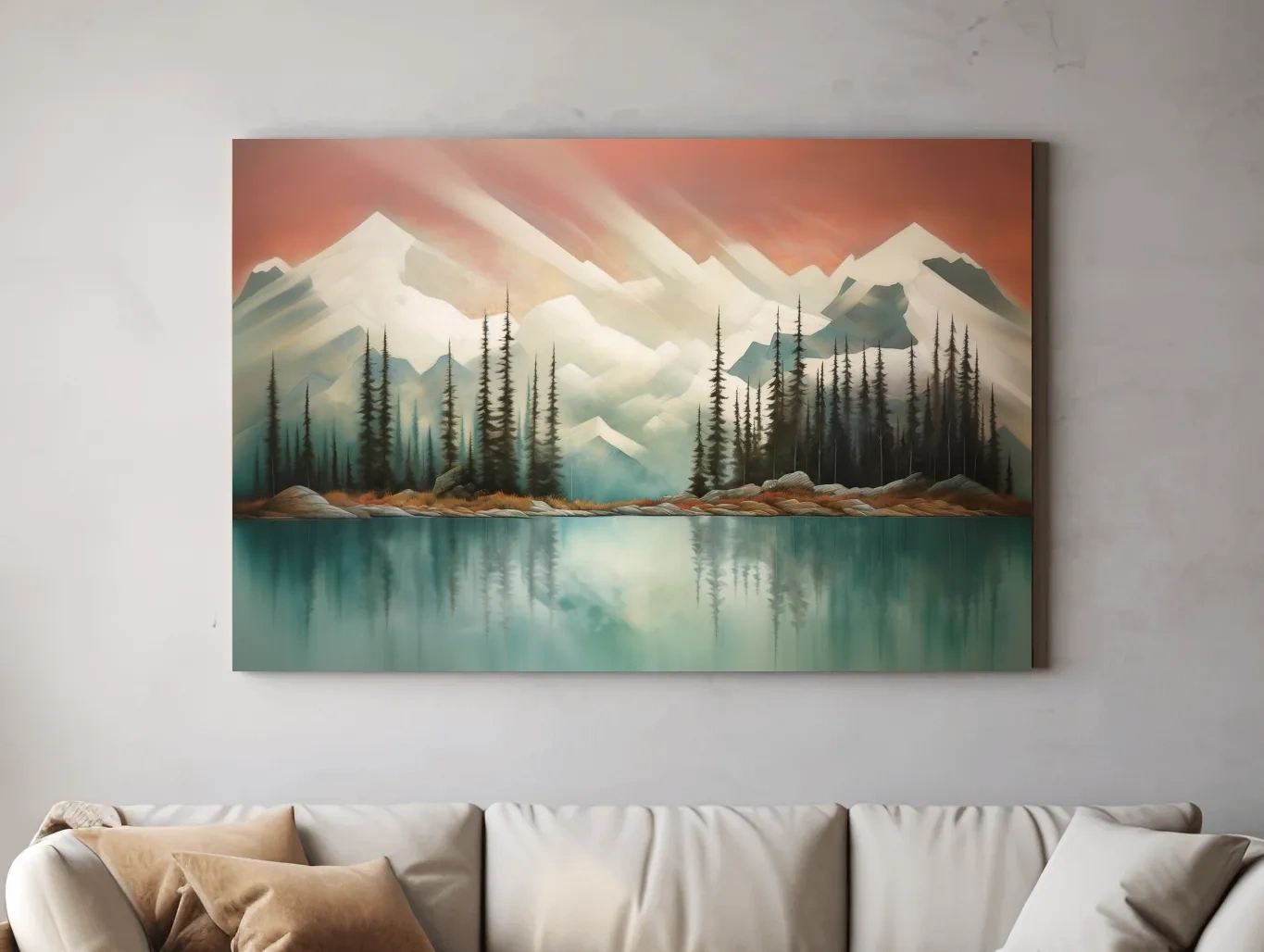 Abstract Alpine Lake Landscape Painting - Serene Pine Forest Mountain Wall Art