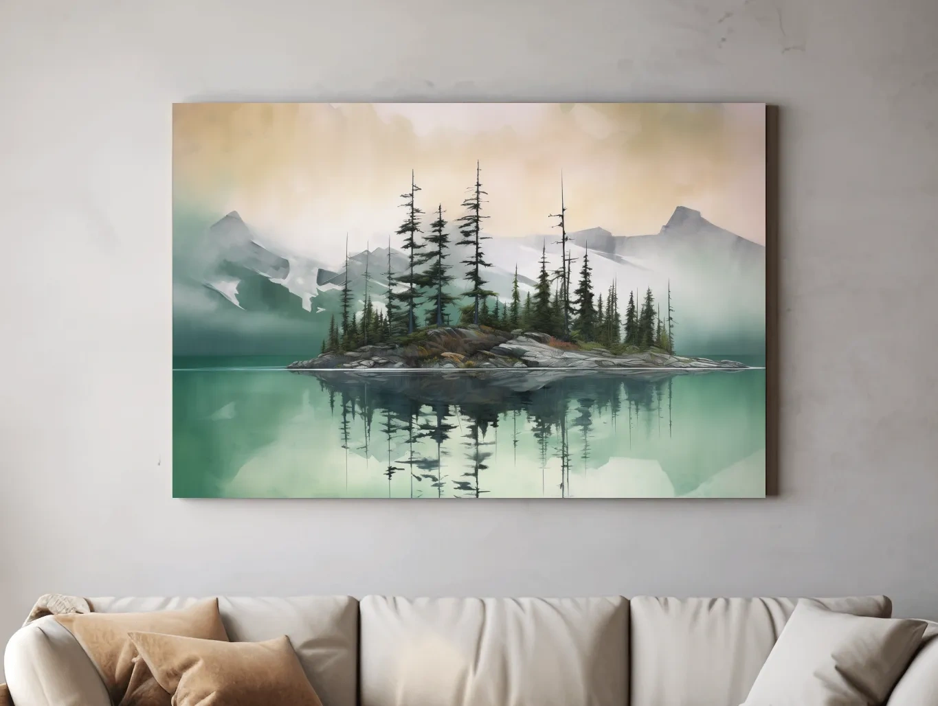 Misty Turquoise Alpine Lake Reflection - Serene Watercolor Mountain Landscape Wall Art