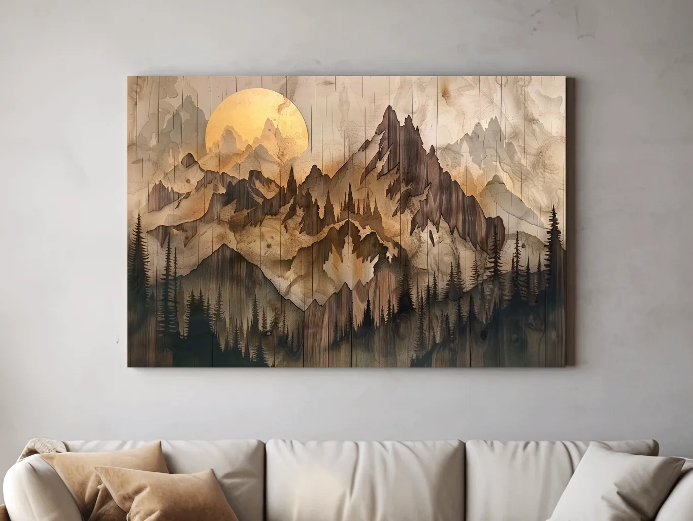Rustic Sepia Mountain Sunrise Landscape - Vintage Wood Grain Watercolor Artwork