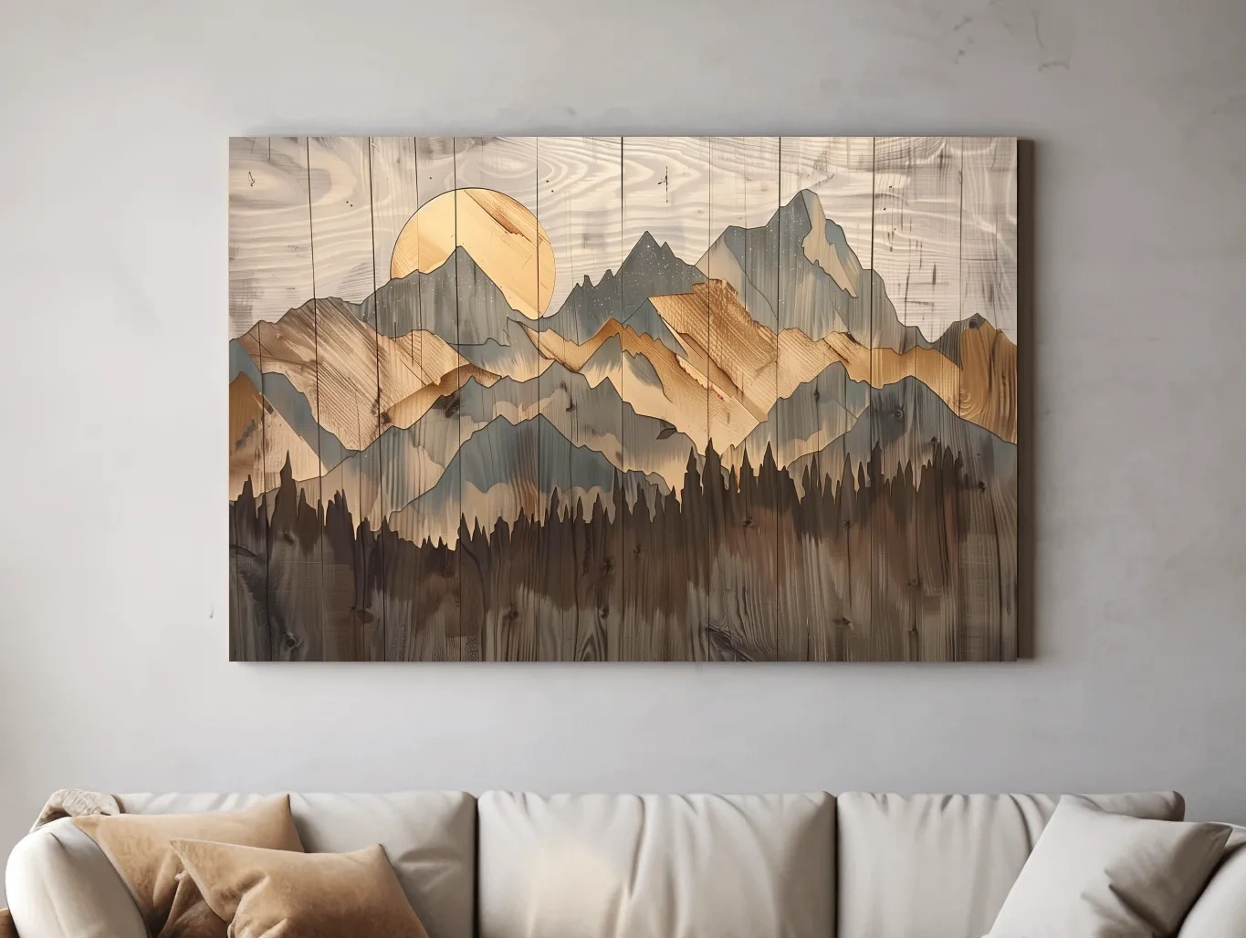Rustic Mountain Range Sunrise - Woodgrain Style Forest Wall Art