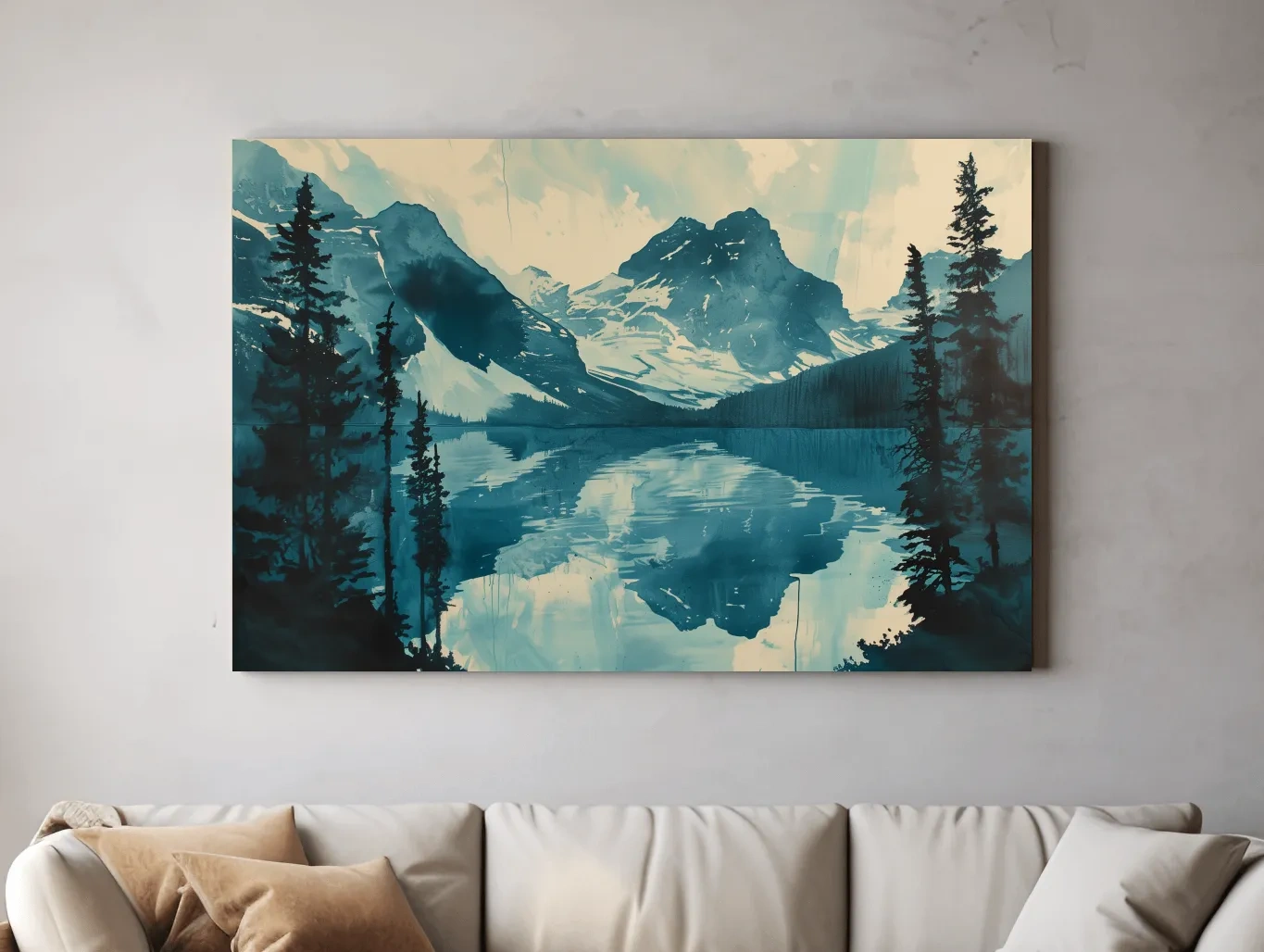 Serene Rocky Mountains lake, watercolour postcard style painting