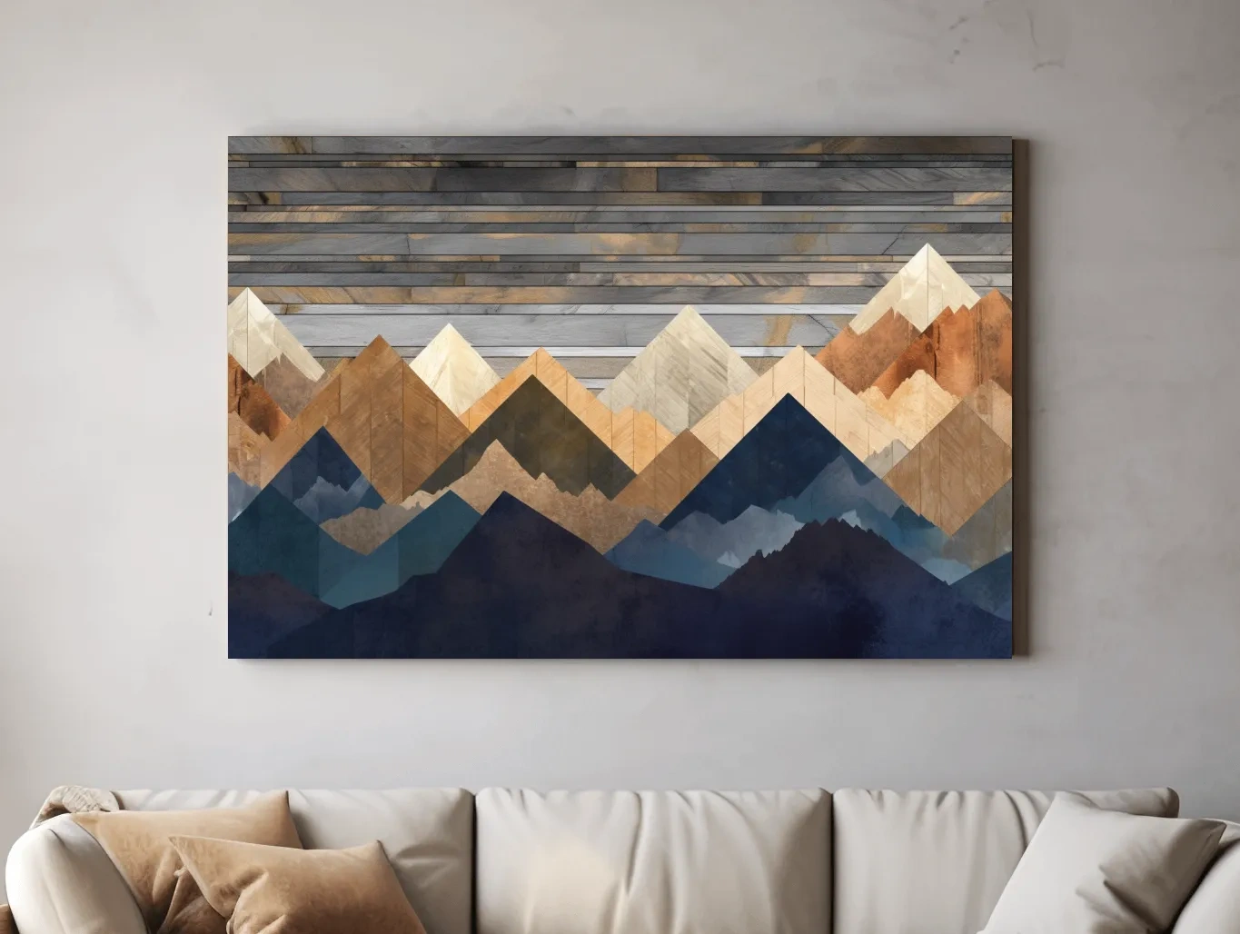 Geometric Layered Mountain Peaks - Rustic Wood Texture Abstract Wall Art