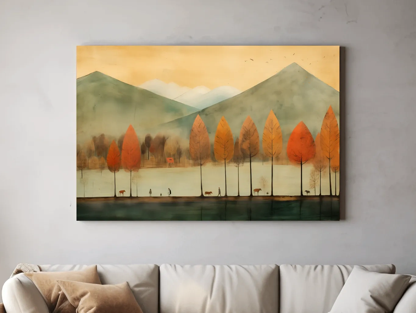 Autumn Tree Lined Lake Landscape - Quirky Watercolor Style Wall Art