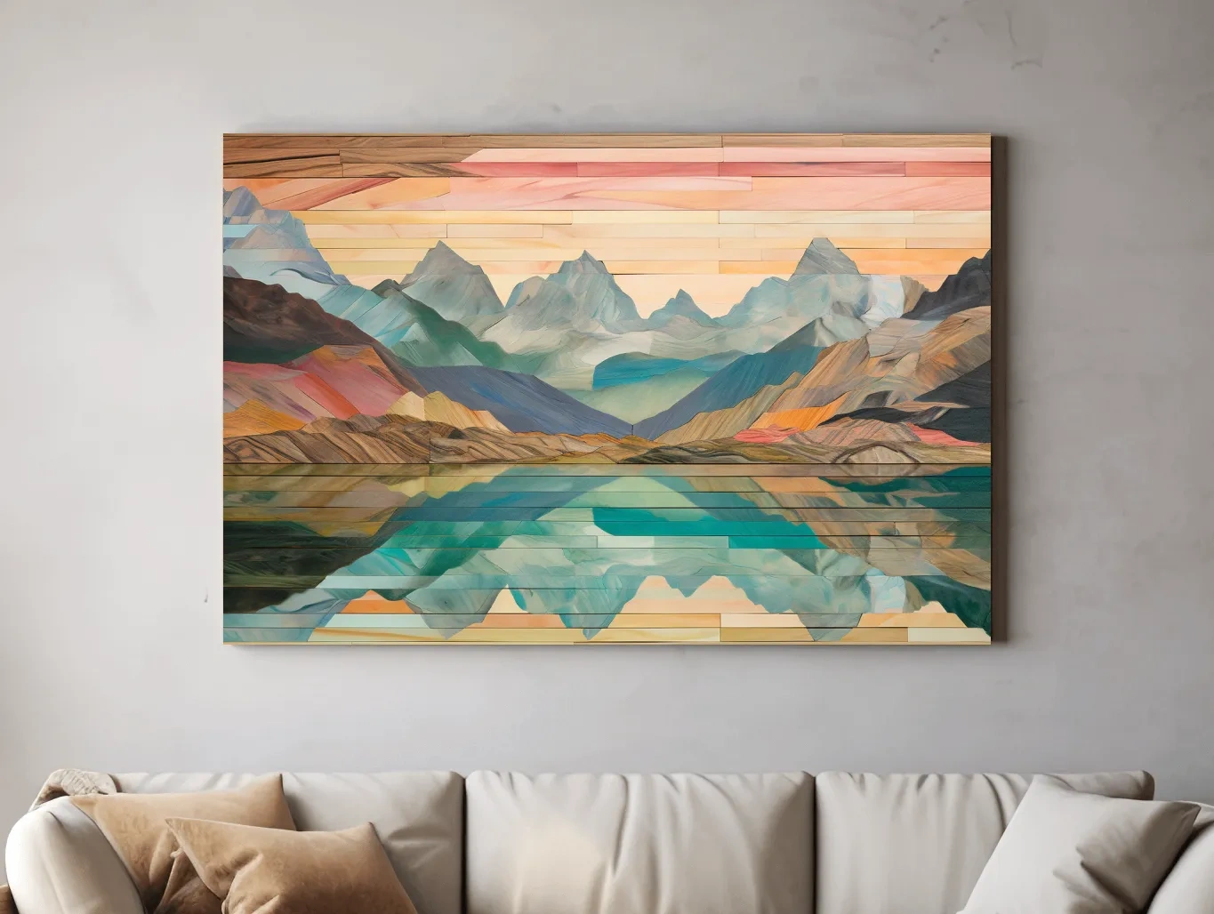 Alpine Lake Mountain Reflection - Layered Wooden Style Landscape Wall Art