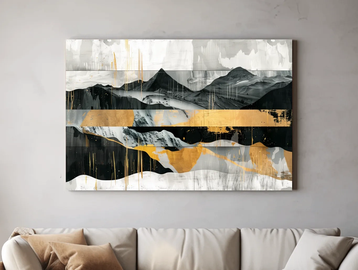 Abstract Monochrome Mountain Range With Gold Accents - Modern Mixed Media Landscape Wall Art
