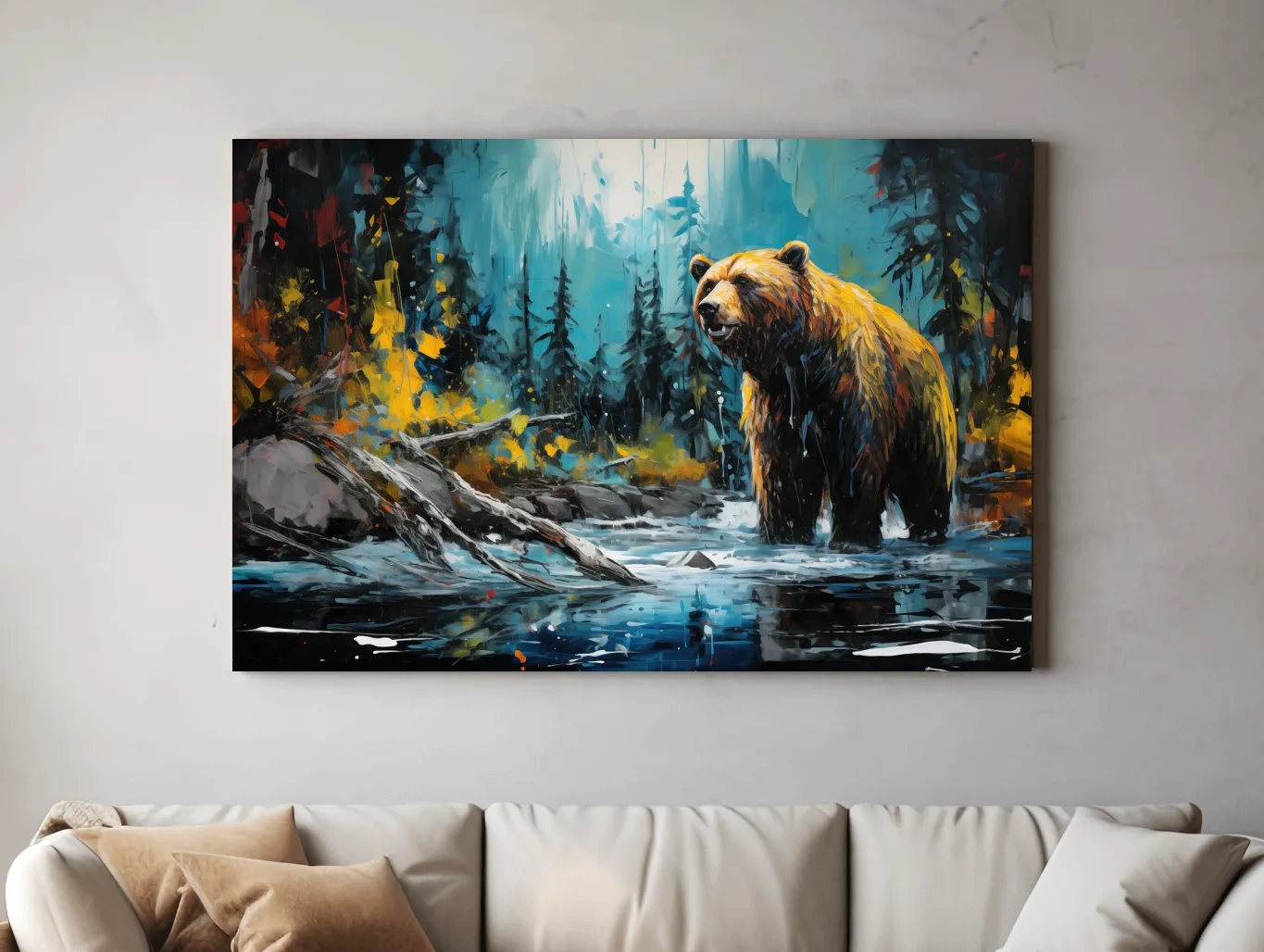 Grizzly Bear Forest River Painting - Vibrant Wildlife Nature Wall Art