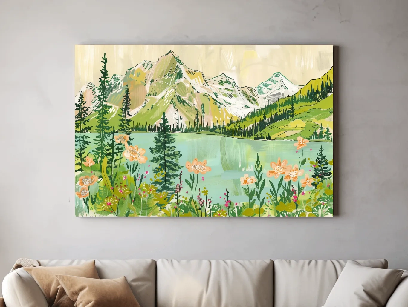 Whimsical Alpine Lake Wildflower Stylized Painting - Mountain Meadows Wall Art