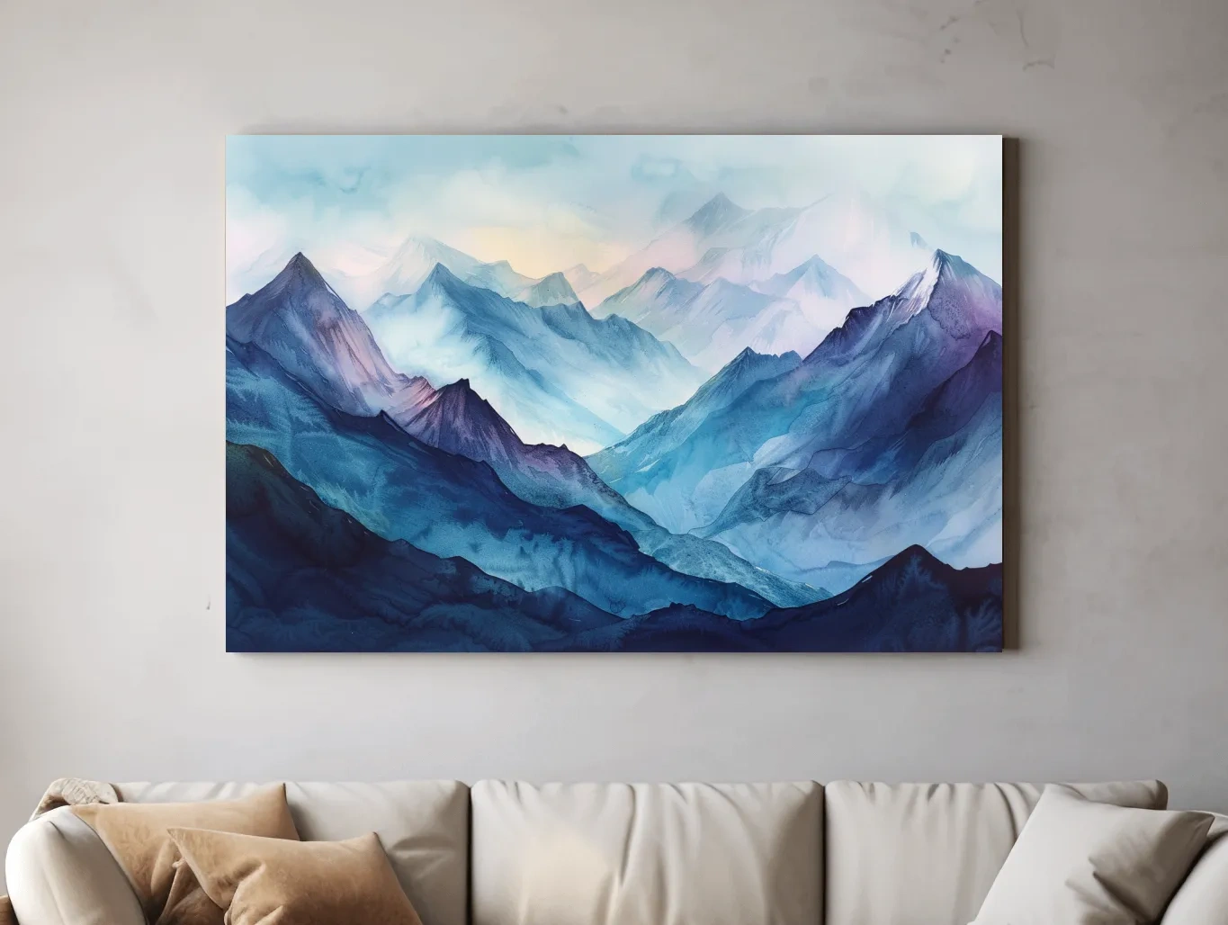 Misty Blue Watercolor Mountain Range Artwork - Serene Colourful Landscape Wall Art