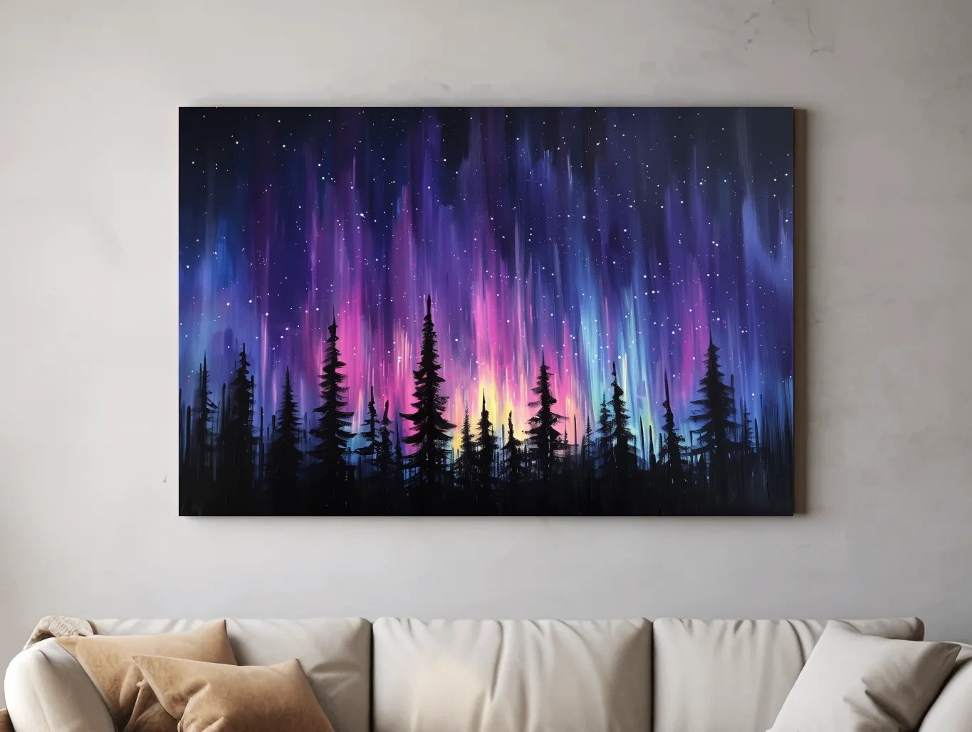 Vibrant Purple Northern Lights & Silhouetted Pine Forest - Aurora Borealis Painting Wall Art