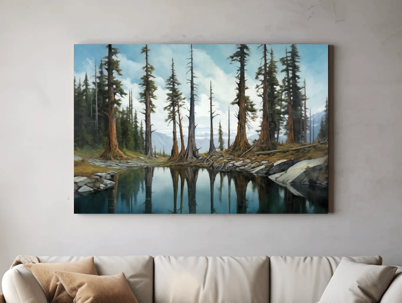 Pine Forest Lake Reflection Painting - Serene Wilderness Landscape Wall Art