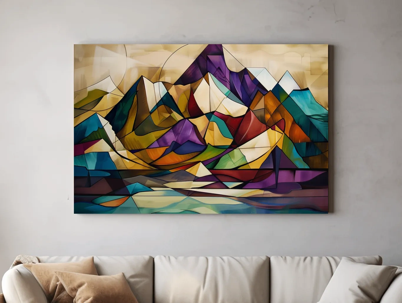 Vibrant Leadlight Style Mountain Range Painting - Abstract Colorful Stained Glass Wall Art