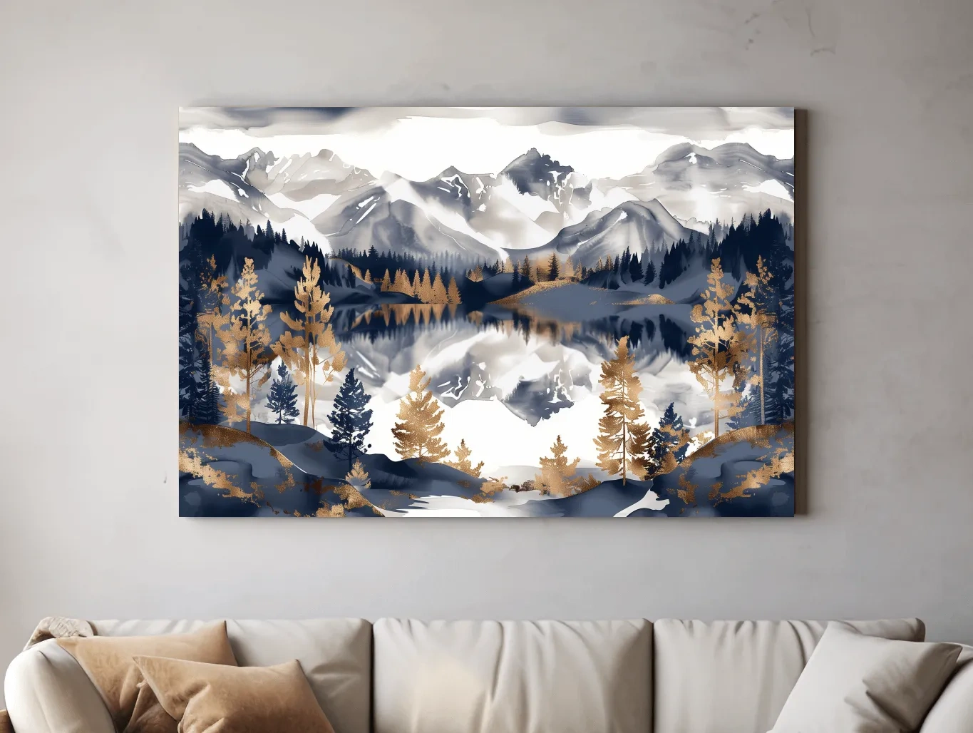 Gold Leaf Style Watercolor Alpine Lake Reflection - Mountain Landscape Artwork