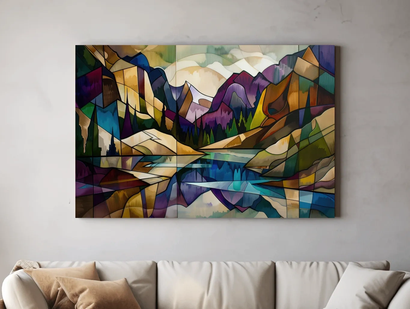 Abstract Stained Glass Mountain Lake Landscape - Colorful Geometric Alpine Wall Art