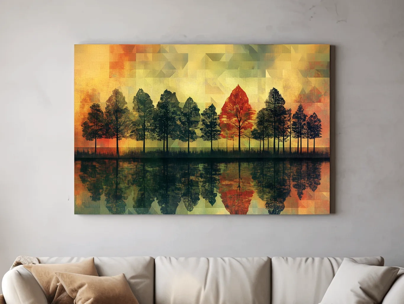 Abstract Geometric Autumn Forest Reflection - Modern Mosaic Landscape Artwork