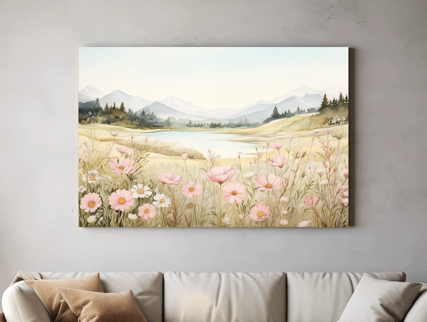 Soft Watercolor Wildflower Meadow Landscape - Serene Pastel Alpine Wall Art