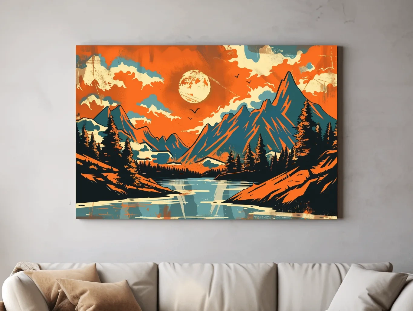 Vibrant Retro Mountain Lake Sunset Illustration - Bold Vector Landscape Wall Art