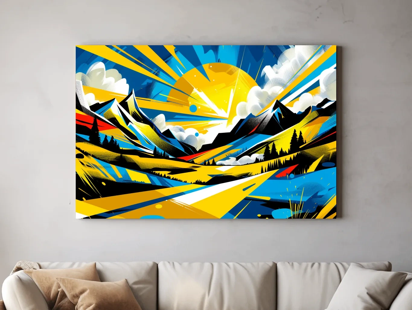 Graffiti style sunset mountain wall art, vibrant bright colorful artwork