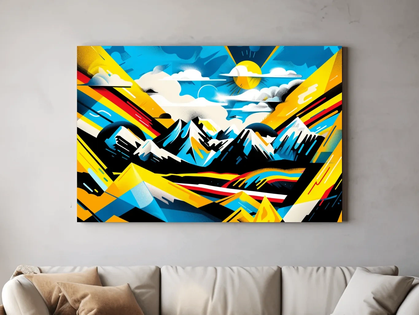 Vibrant Colorful Mountain Sunrise Illustration - Graffiti Style Landscape Wall Art