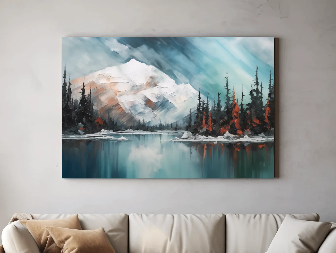 Alpine Glacier Lake Impasto Style Painting - Textured Forest Wall Art