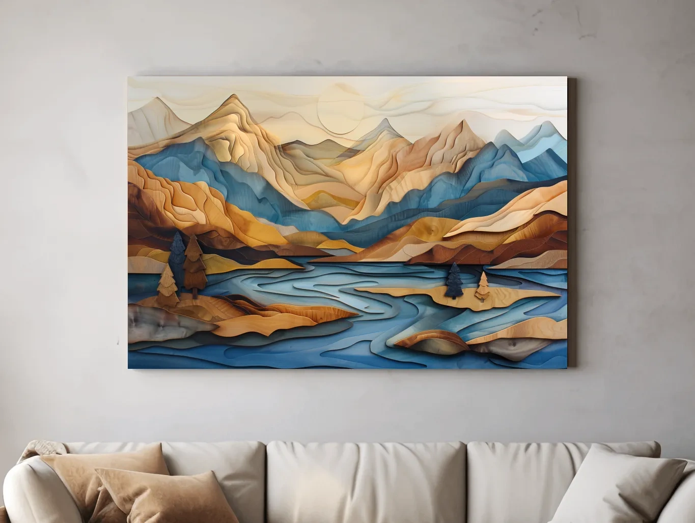 Wood Intarsia Style Alpine Mountain Lake Landscape - Modern Abstract Wall Art