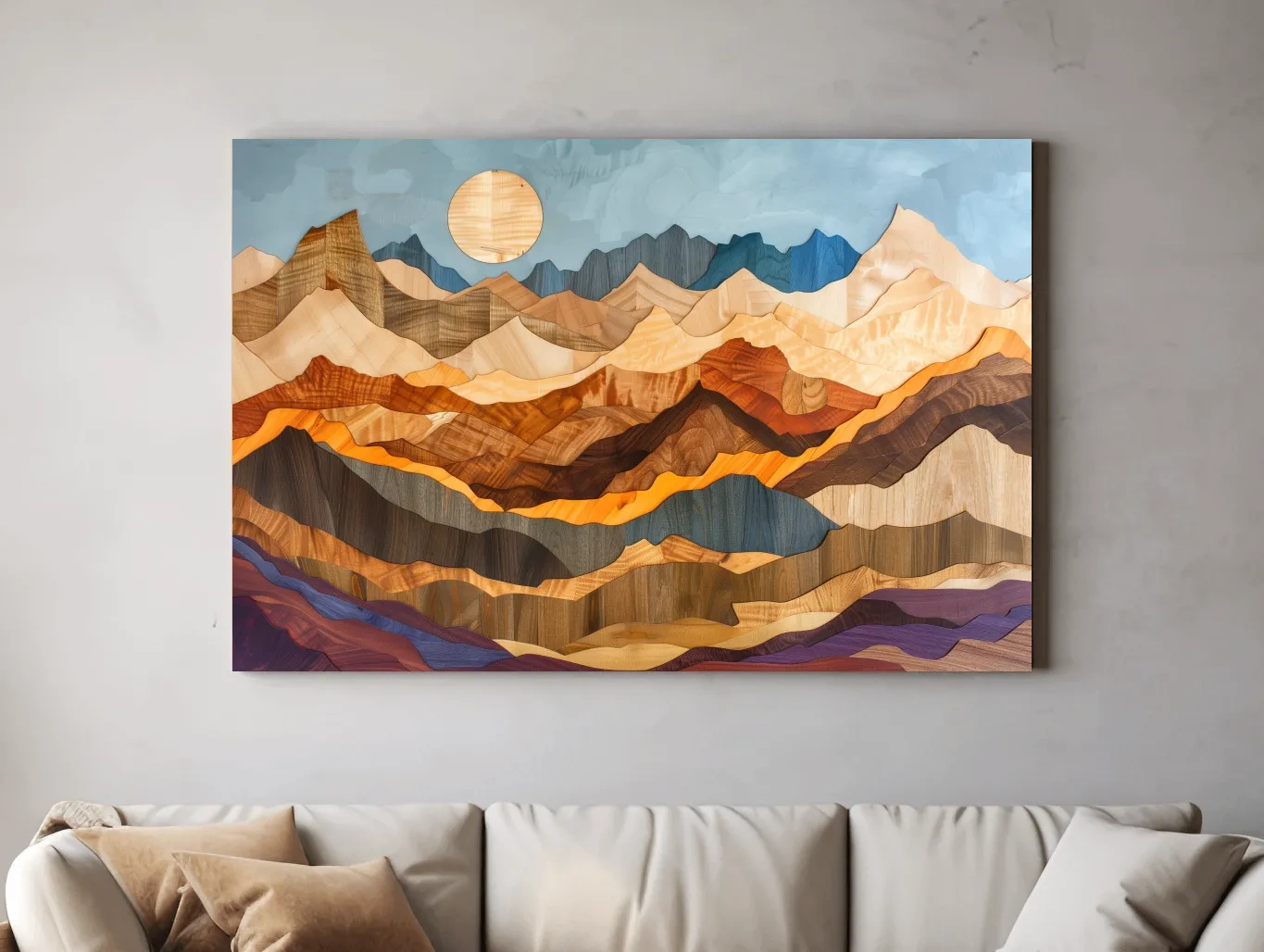 Layered Wooden Mountain Range - Intarsia Style Canvas Wall Art