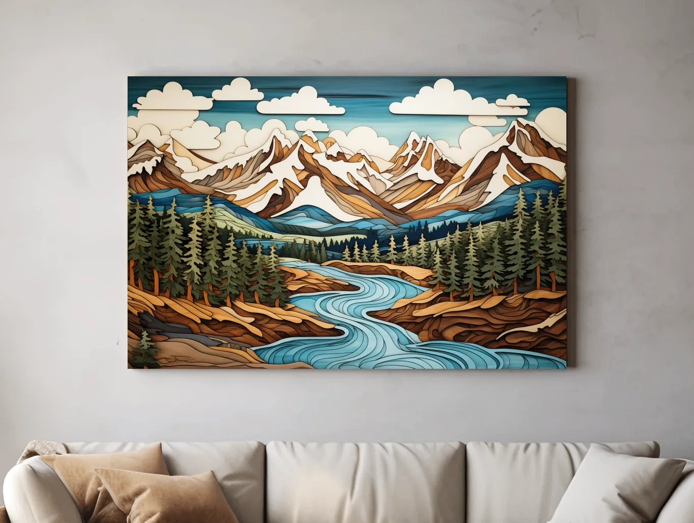 Intarsia Style Mountain River Landscape - Rustic Alpine Forest Artwork