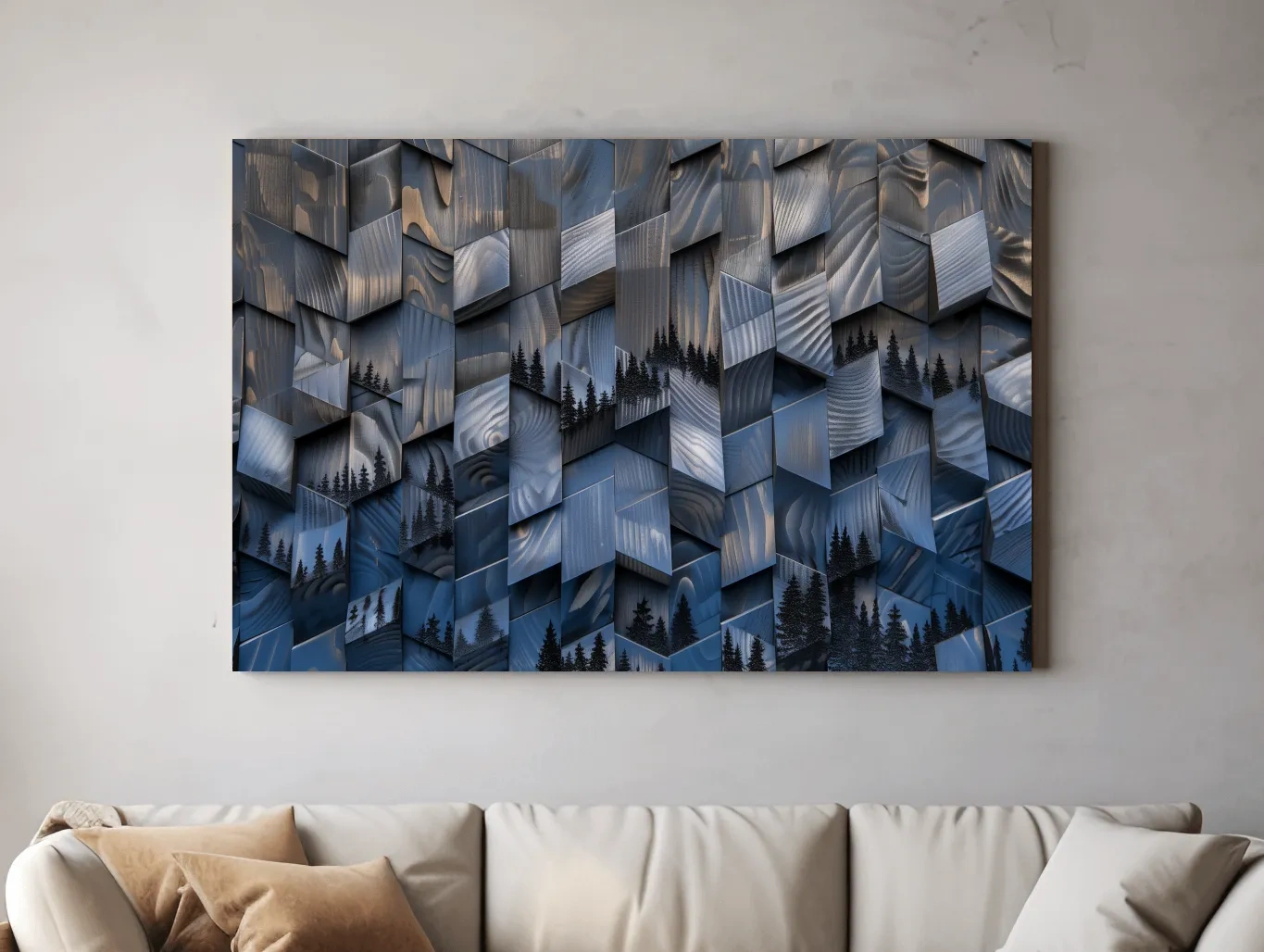 Wood Block Mountain Forest Collage - 3D Effect Abstract Landscape Wall Art