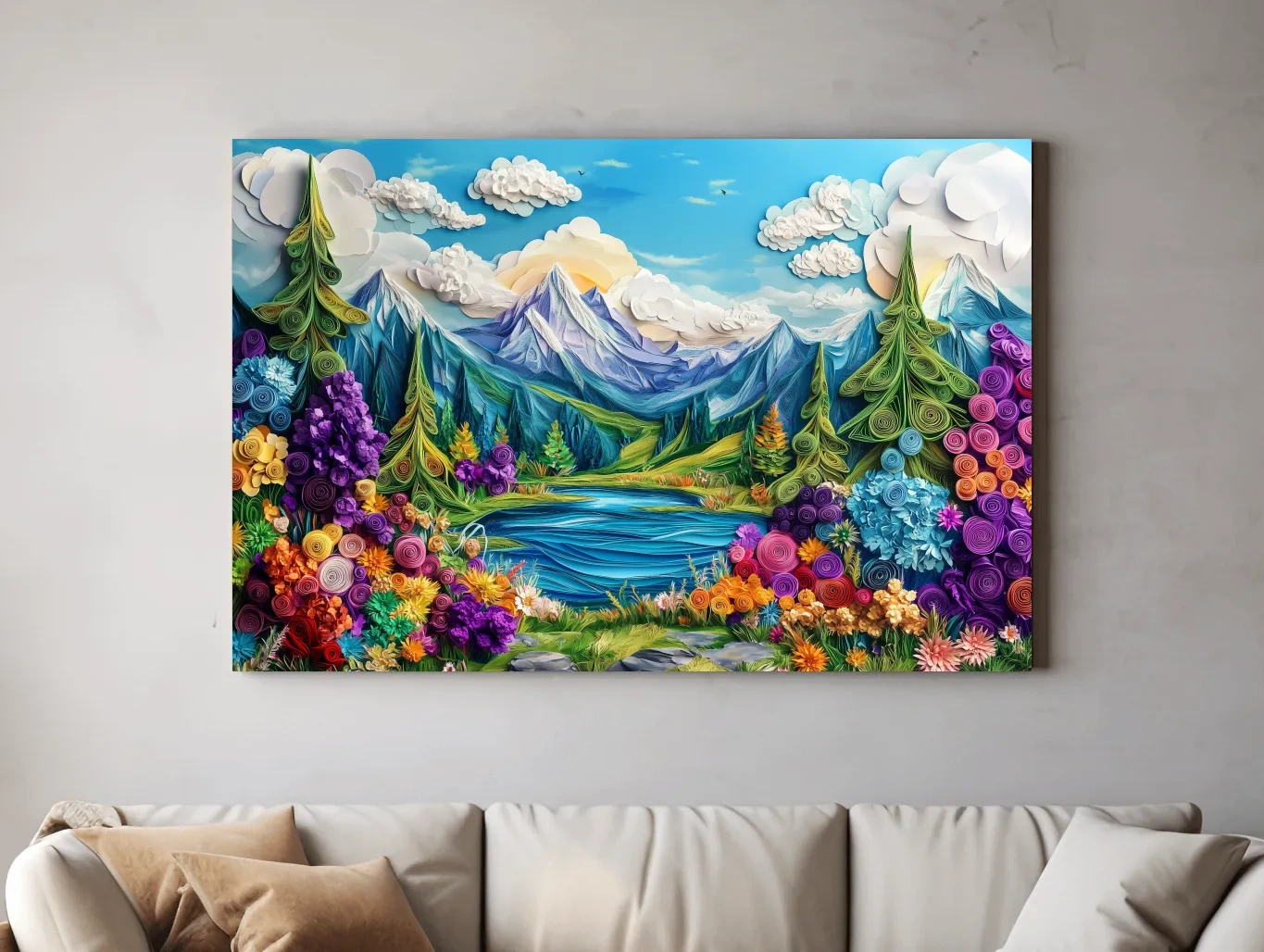Vibrant alpine meadows artwork, 3D paper quilling effect